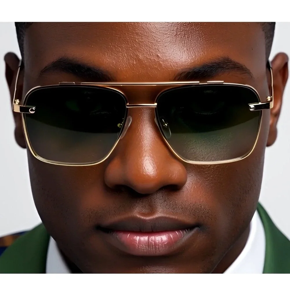 Gold Metal Aviator Sunglasses Gradient Green Lenses‎ Double Bridge Men's Fashion